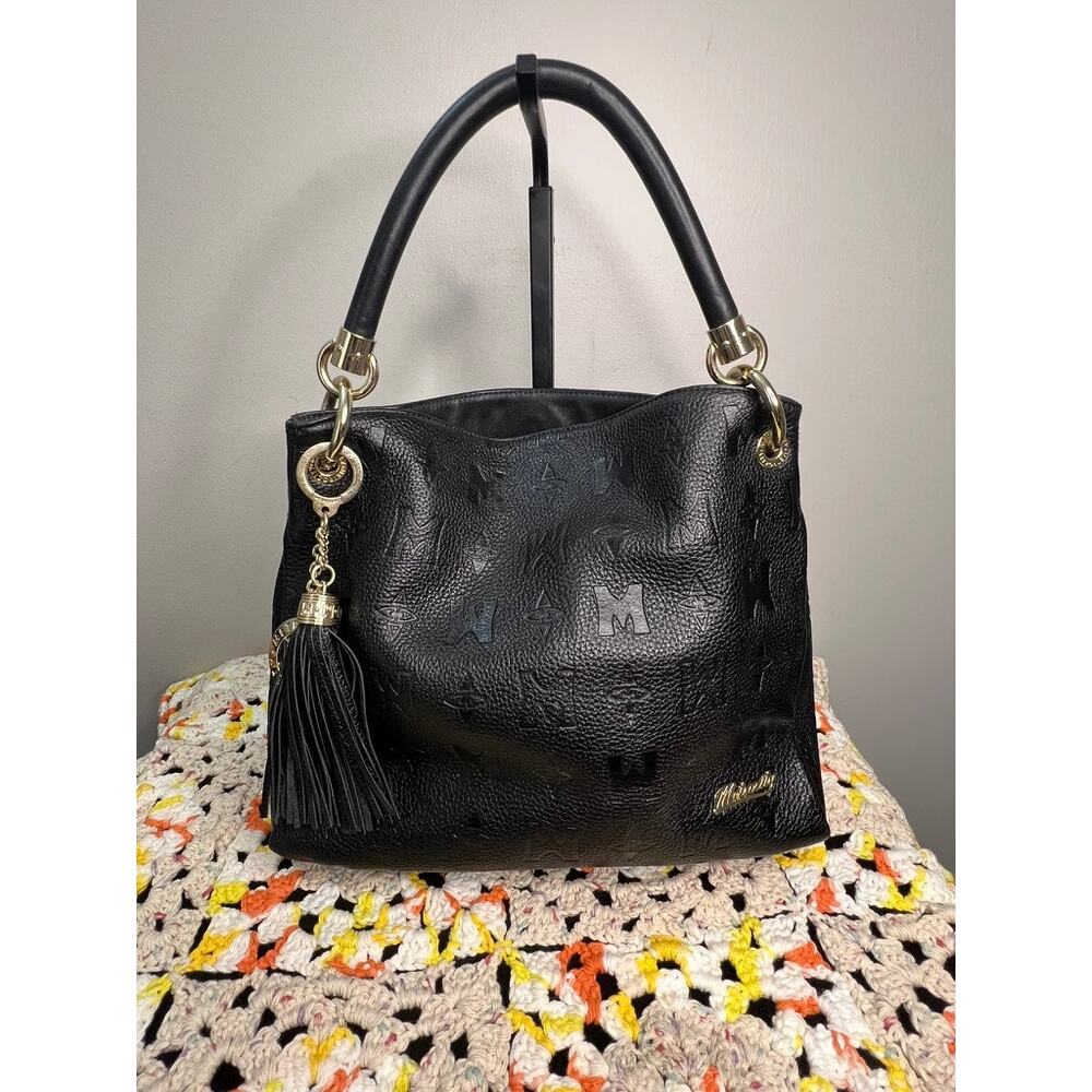 Metrocity Black Embossed Pebbled Leather Shoulder Bag Tassel Italy - Picture 2 of 13